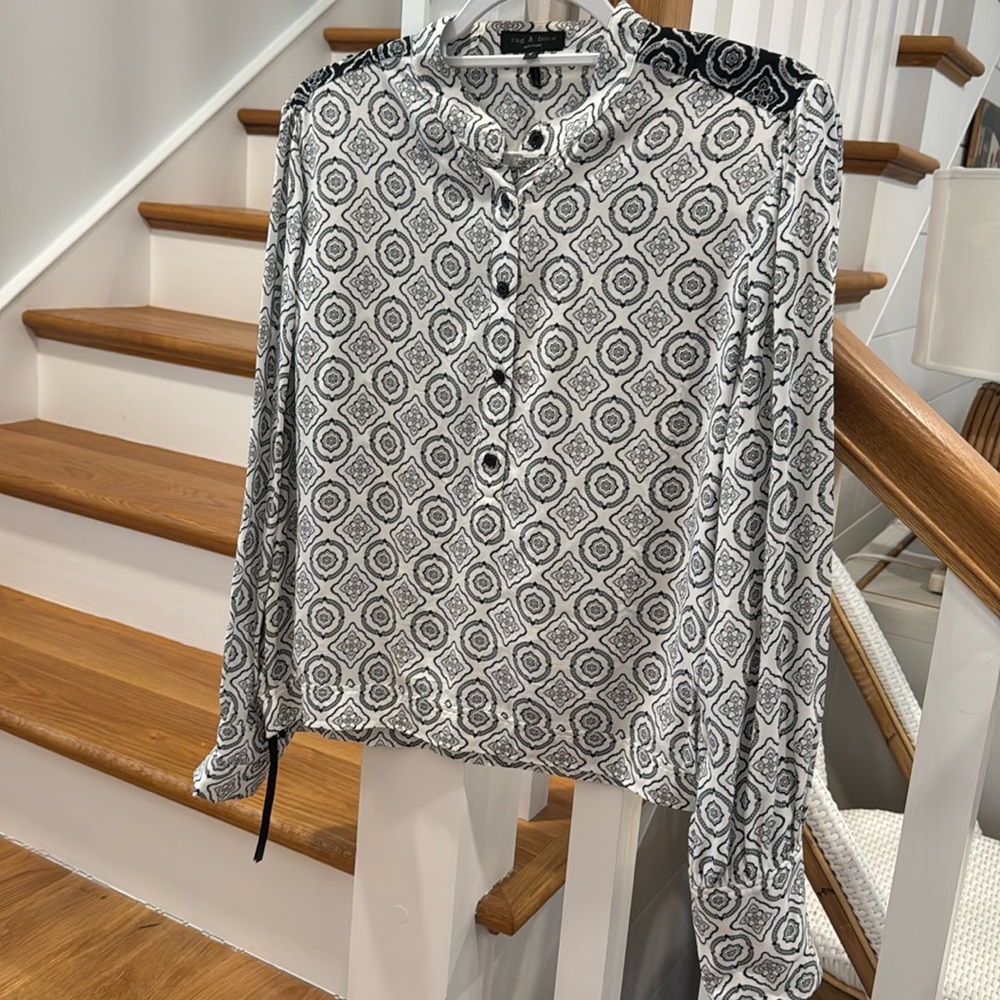 Rag & Bone black & white button blouse w/contrasting lapels & side zips.Reduced!